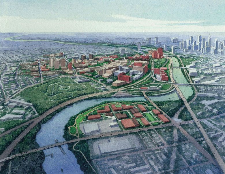 Rendering of South Bank looking north toward Penn and the city beyond