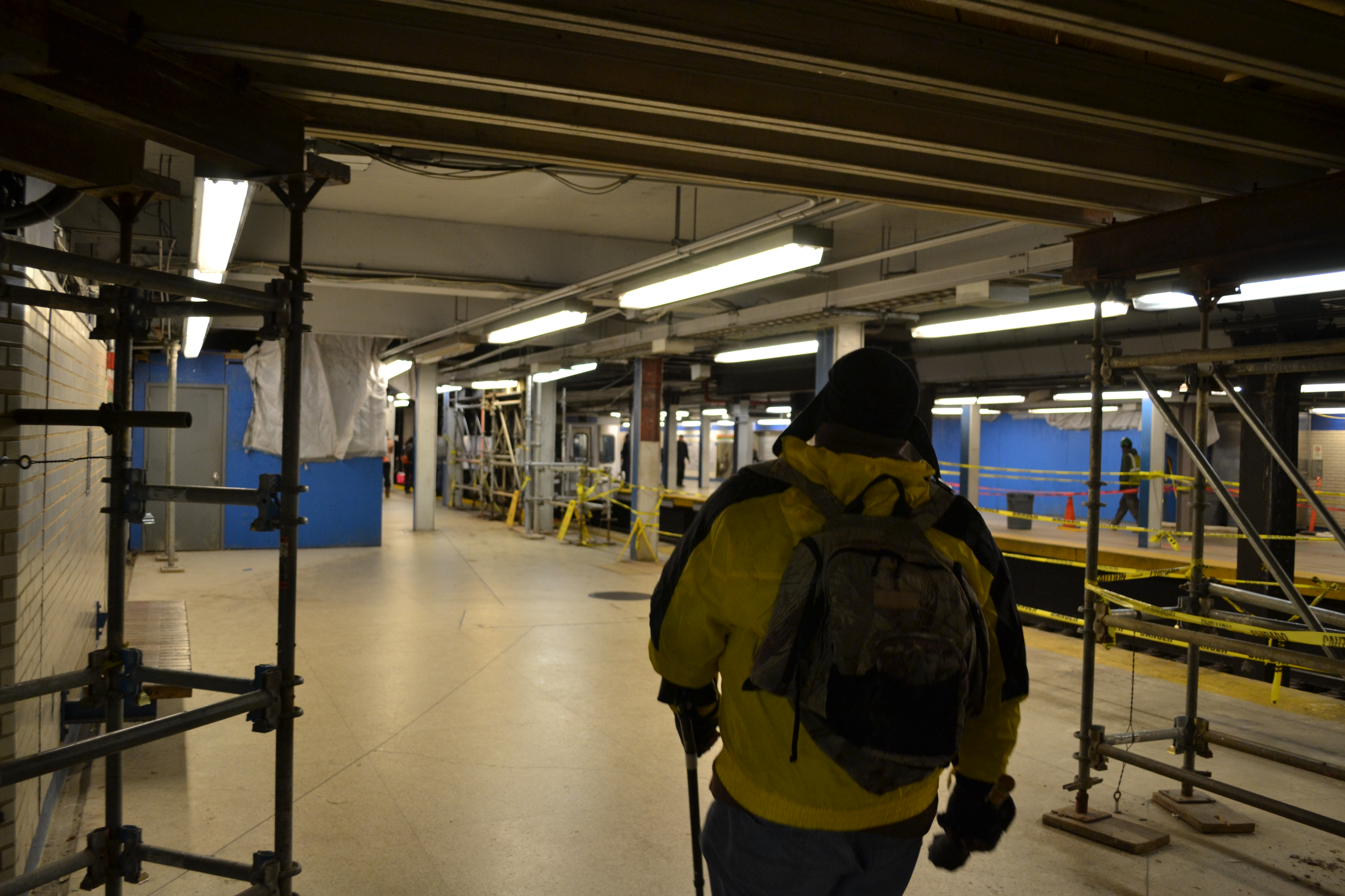 Scaffolding and temporary walls block portions of the MFL platform at 15th Street Station