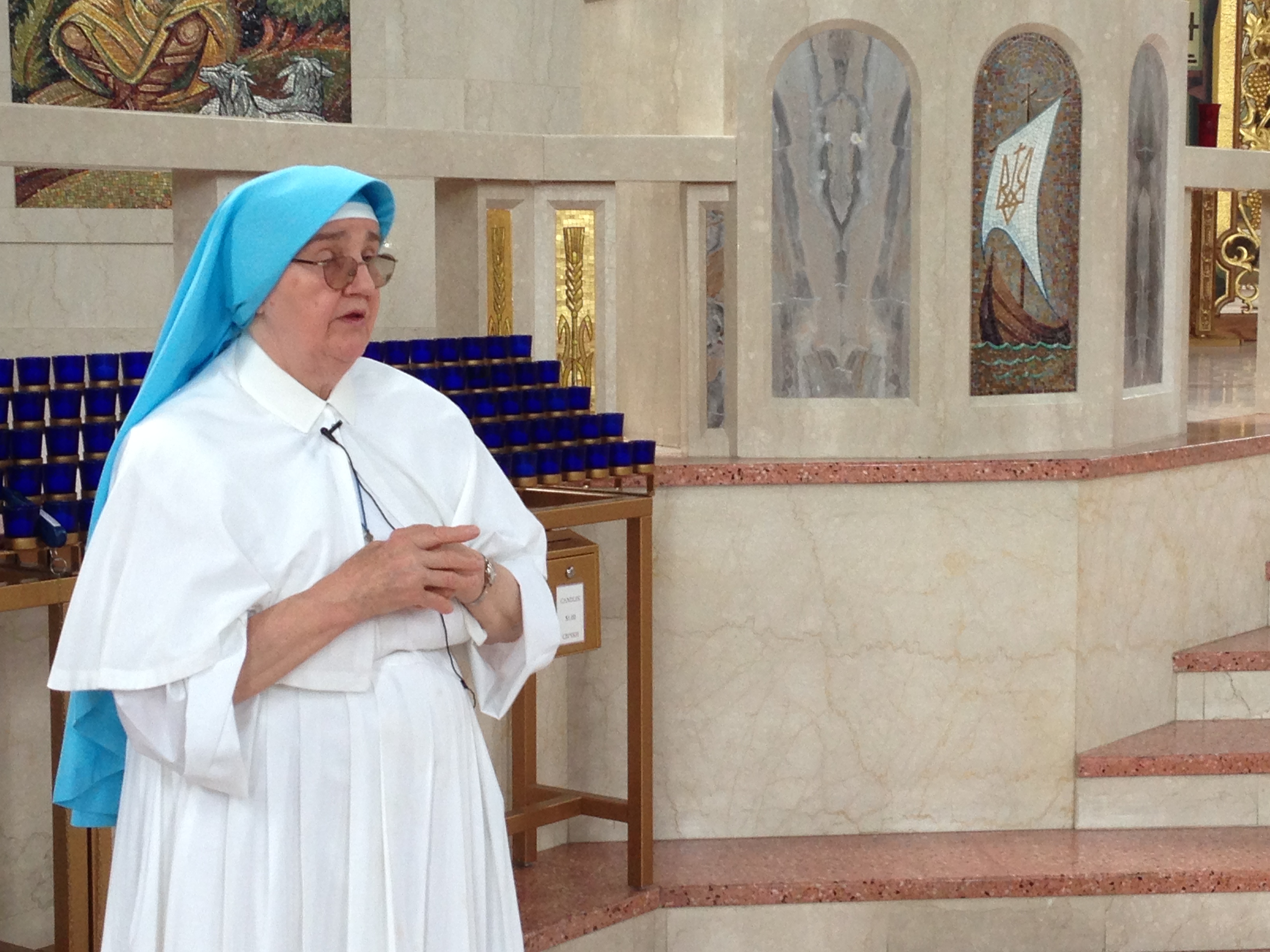 Sister Evhenia Prusnay in the Ukrainian Catholic Cathedral of the Immaculate Conception during a tour.