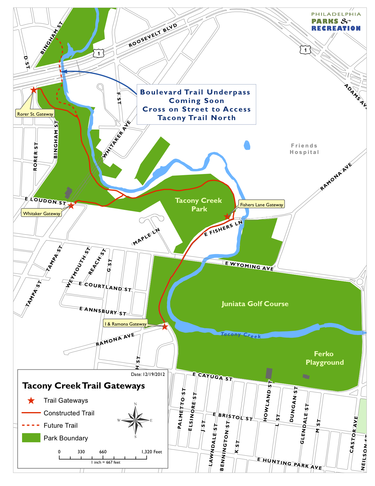 Tacony Creek Trail and the four public gateways, Map courtesy of Philadelphia Parks & Recreation