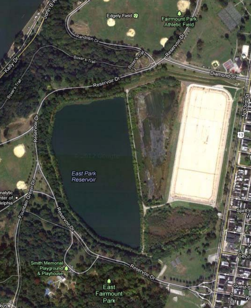 The proposed location for the East Park Leadership and Conservation Center—the west basin of the East Park Reservoir and surrounding grounds next to the Strawberry Mansion neighborhood