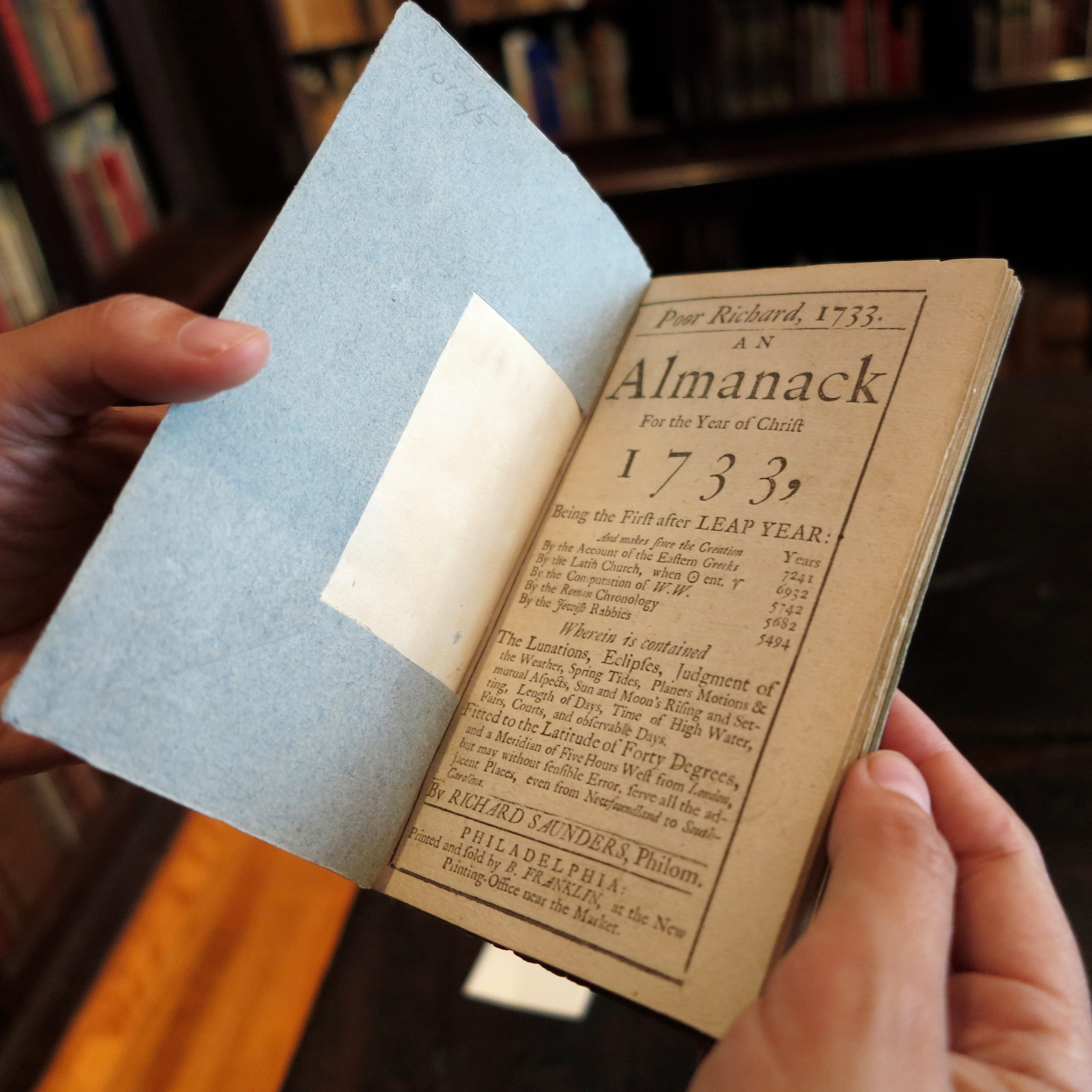 This is the 'Poor Richard's Almanack' for the year 1733, the only known copy. 