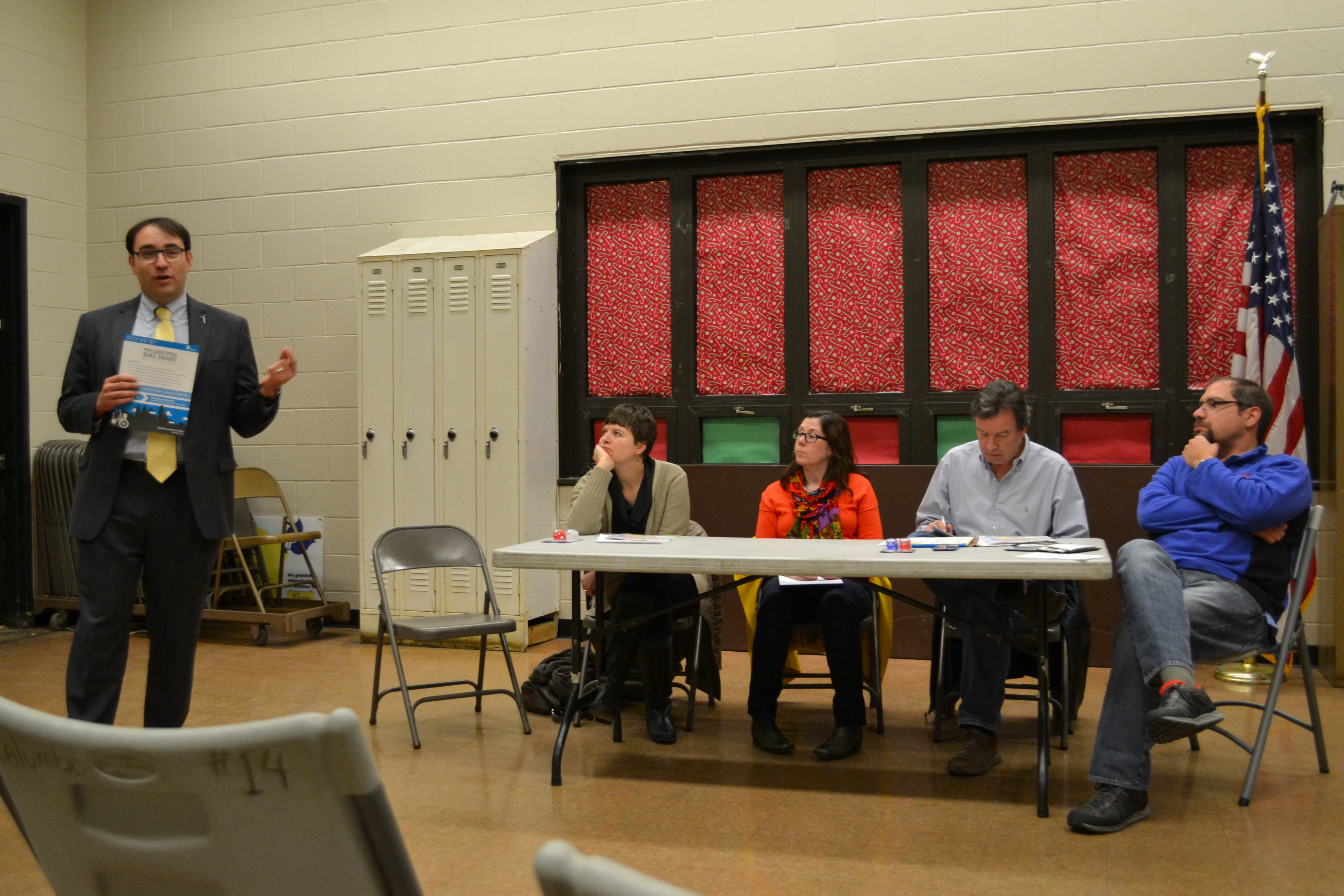 Andrew Stober, MOTU chief of staff, answered bike share questions at the Queen Village, Bella Vista meeting