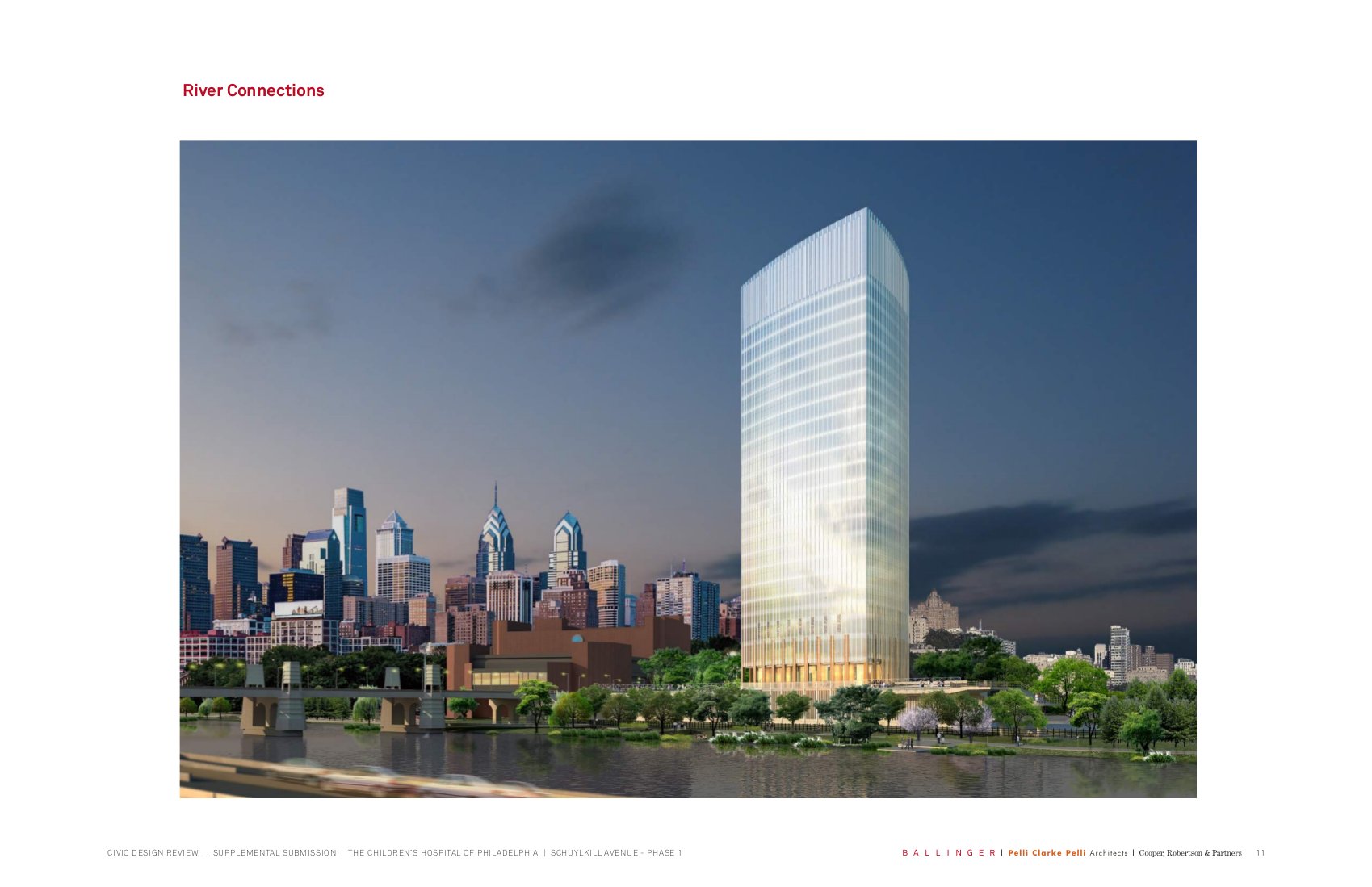 CHOP's new rendering, facing the river. Pelli Clarke Pelli architects.