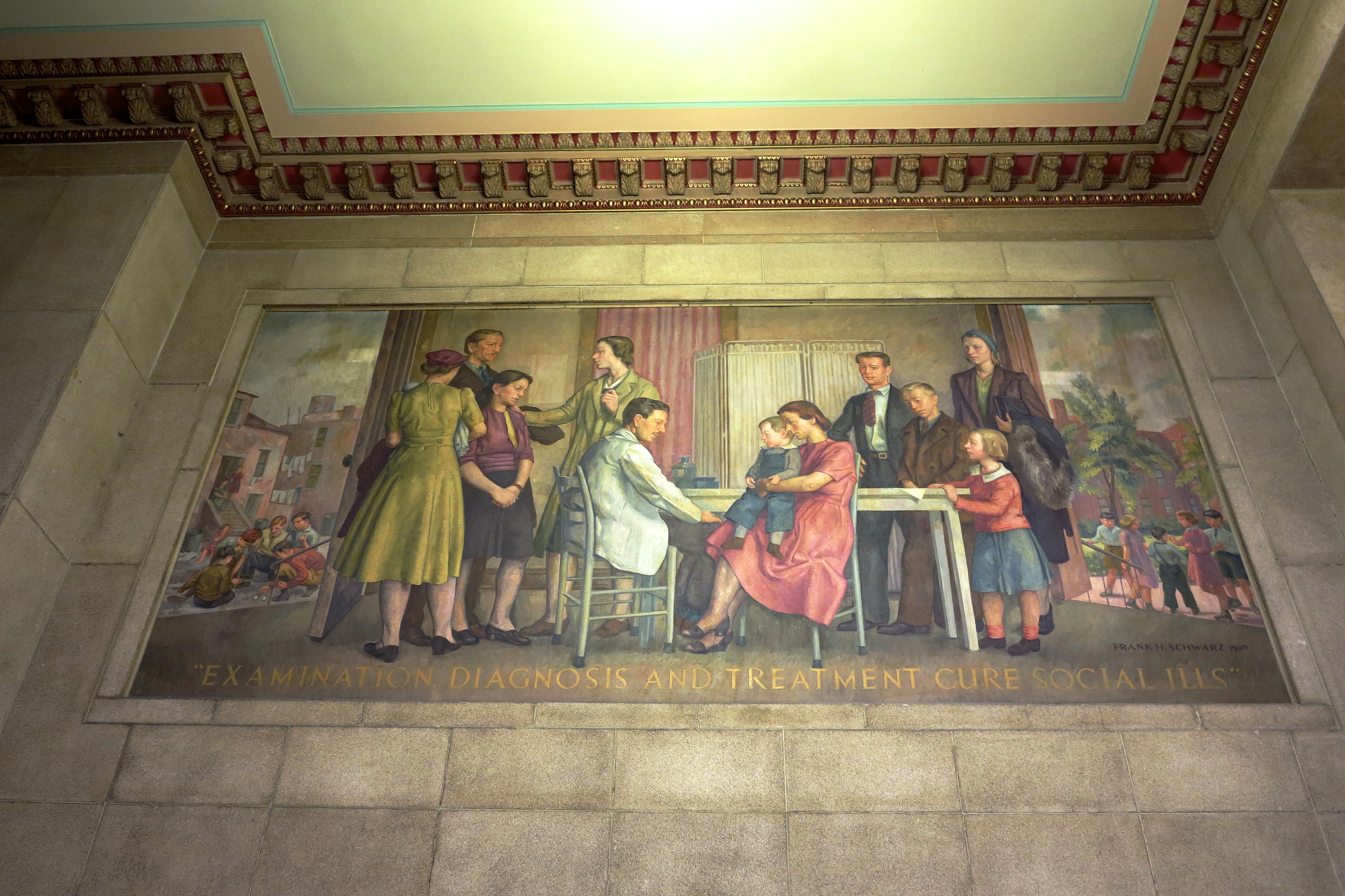 Examination diagnosis and treatment cure social ills - Elevator bank mural by Frank H Schwartz