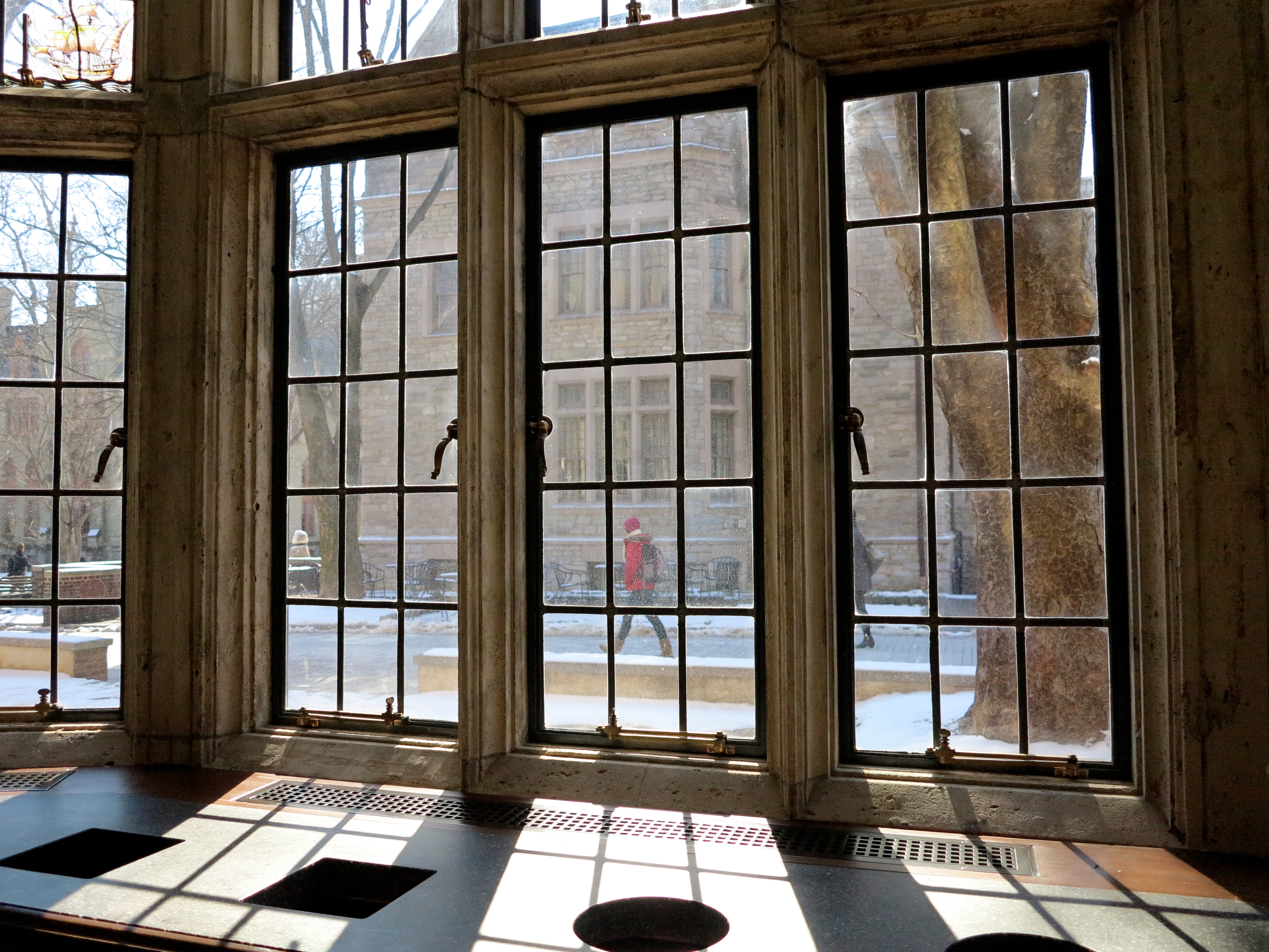 Historic leaded glass windows were restored and let light stream in.