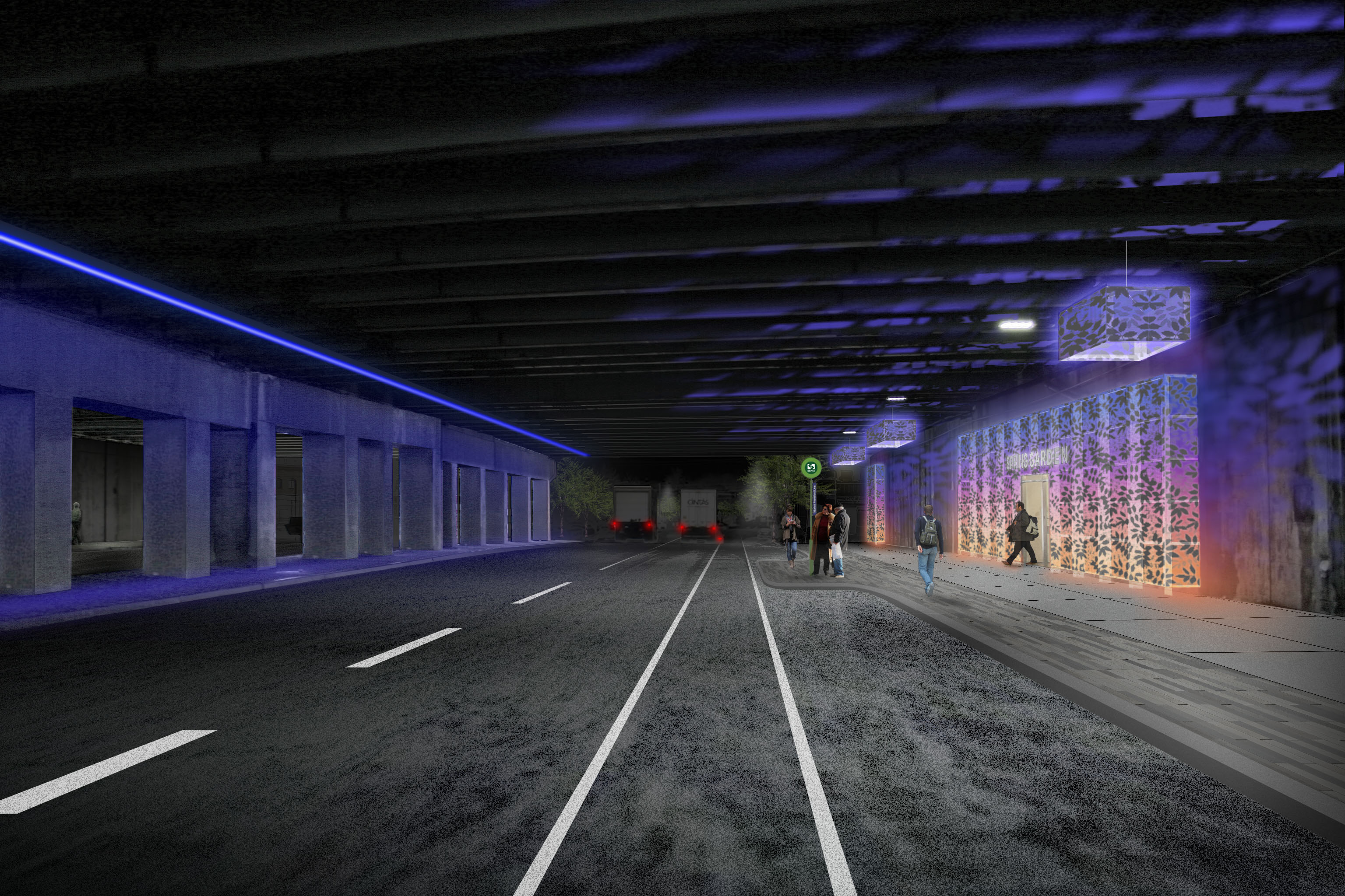 Lighting and art concept for underpass portion of the Spring Garden Connector project