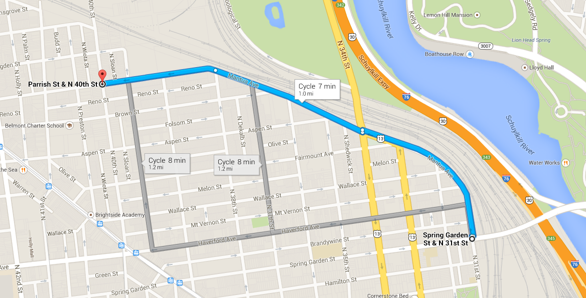 Mantua Greenway will stretch from 31st and Spring Garden to 40th and Parrish. Shown here in the blue line