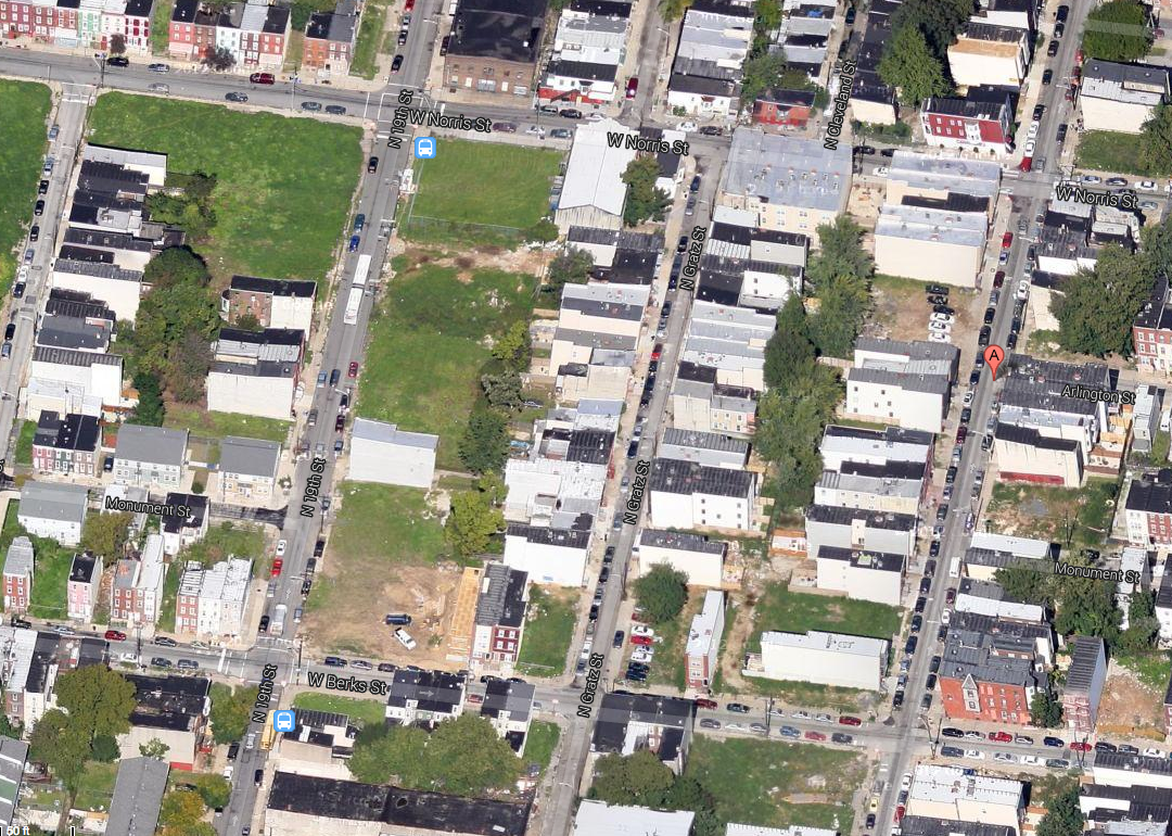 Overview of Arlington Street shows vacant land