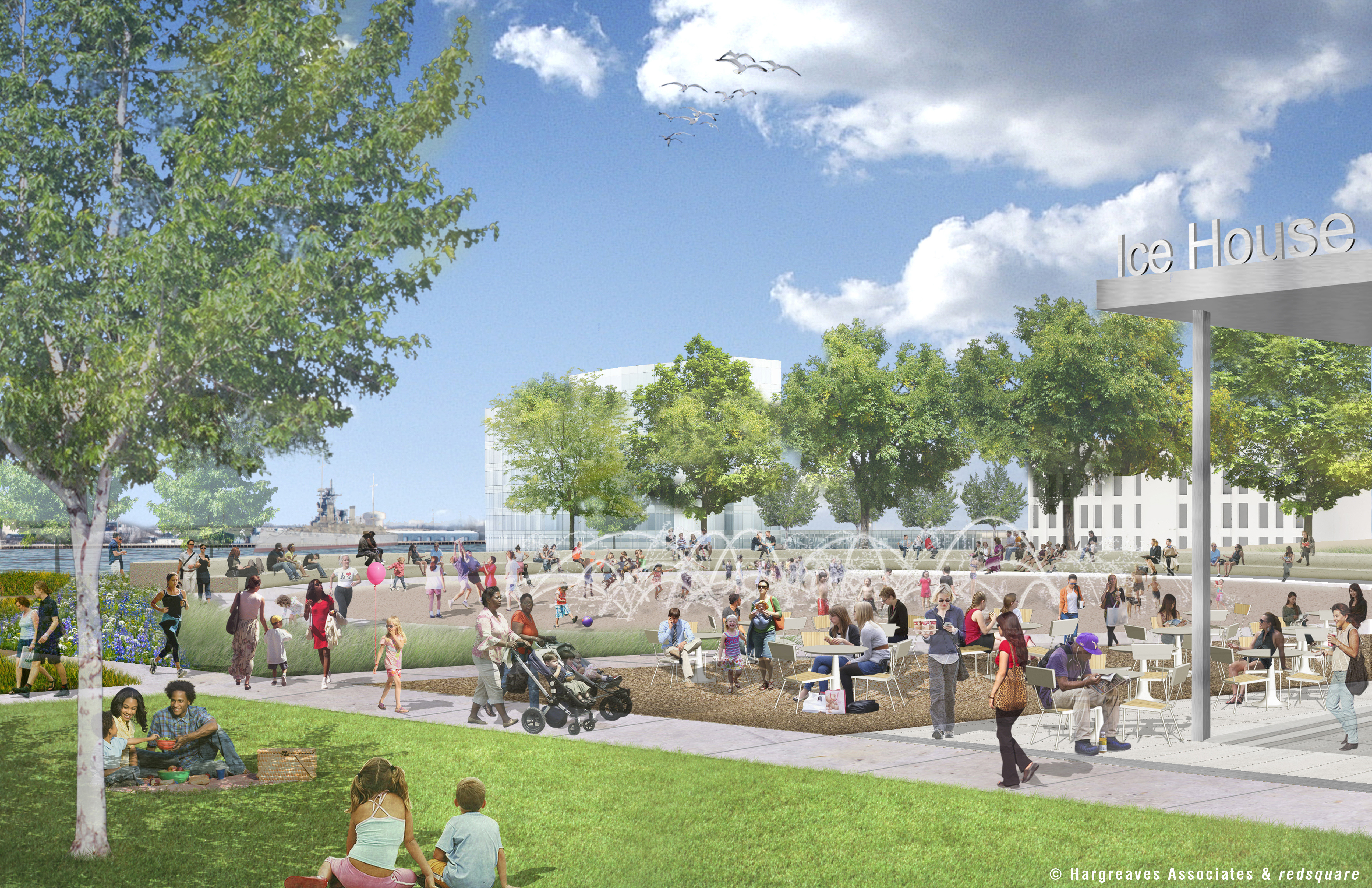Penn's Landing Park in summer with sprayground,© Hargreaves Associates & redsquare 