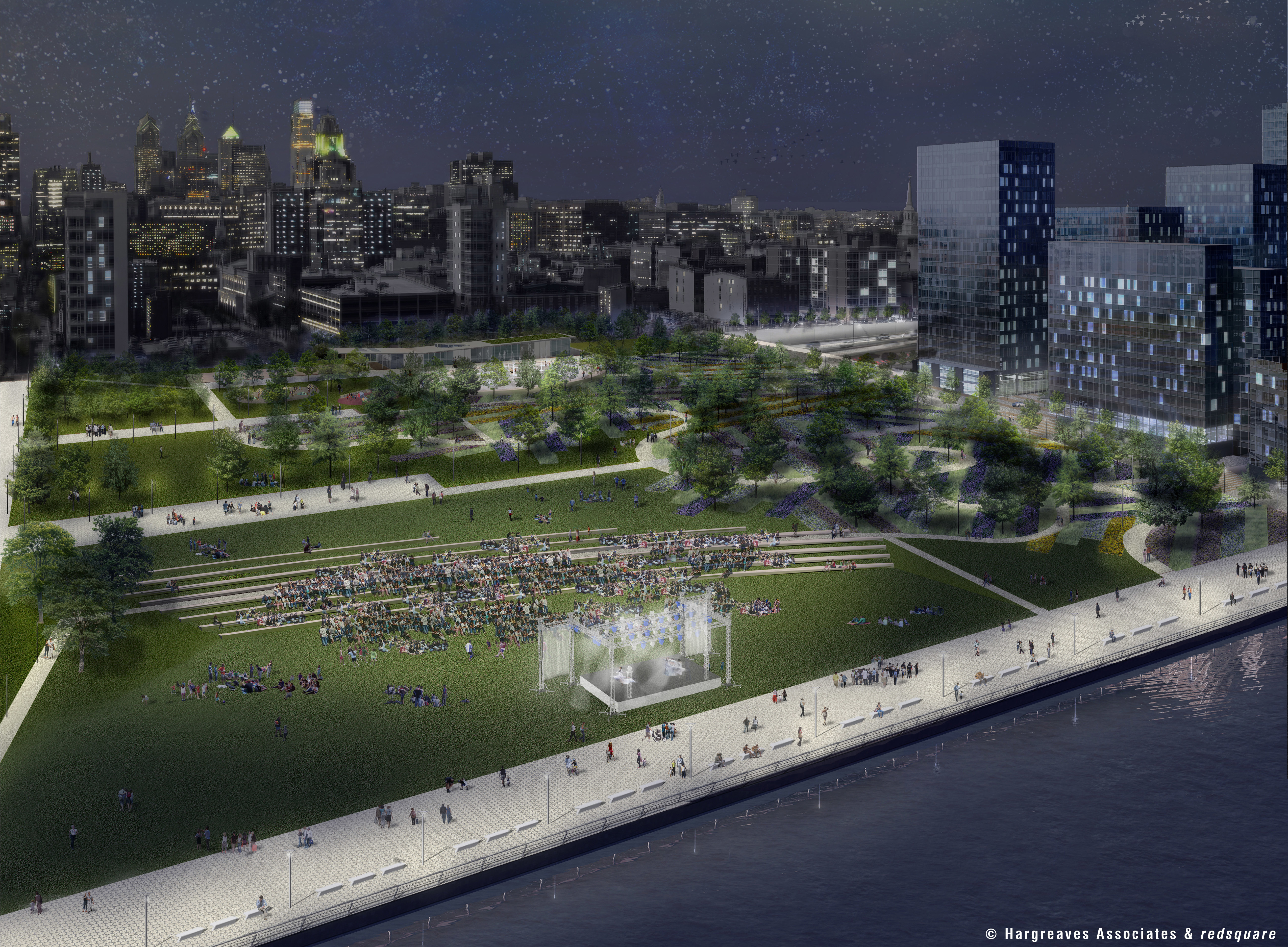 Penns Landing Park, night view, © Hargreaves Associates & redsquare