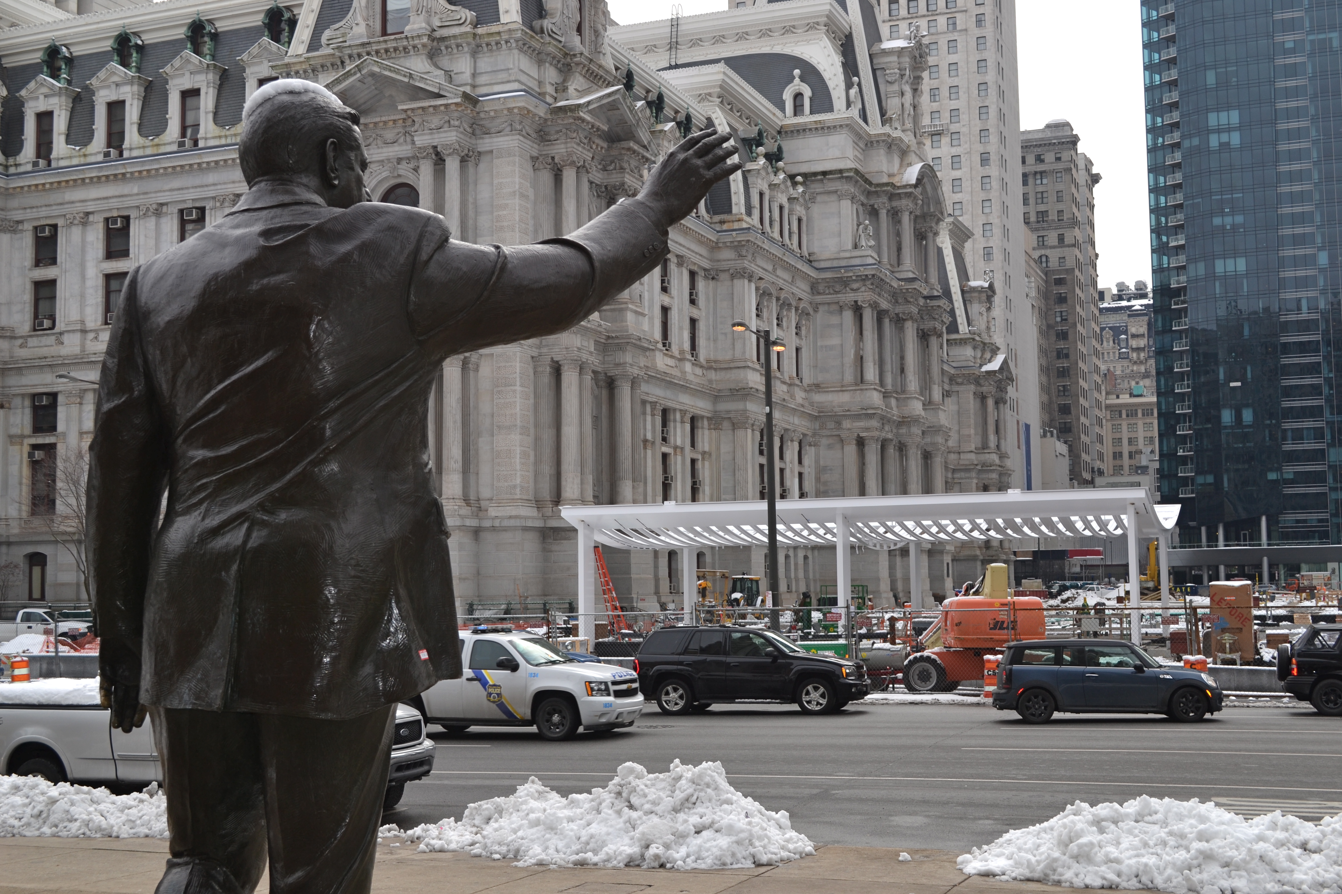 The cafe structure sits directly across from the Municipal Services Building and the Frank Rizzo statue