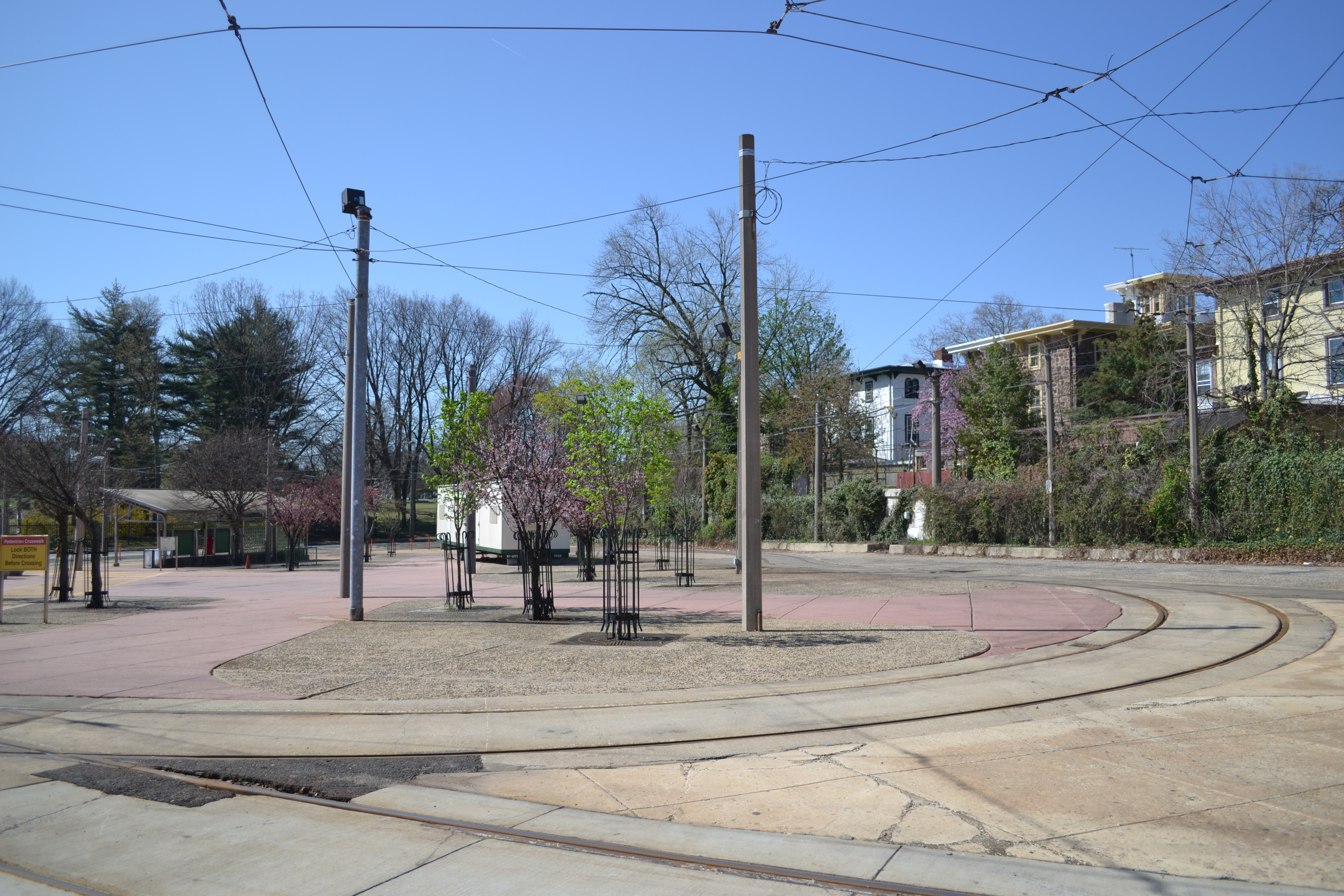 The four trolley routes curve through the space and it can be unclear where pedestrians should walk