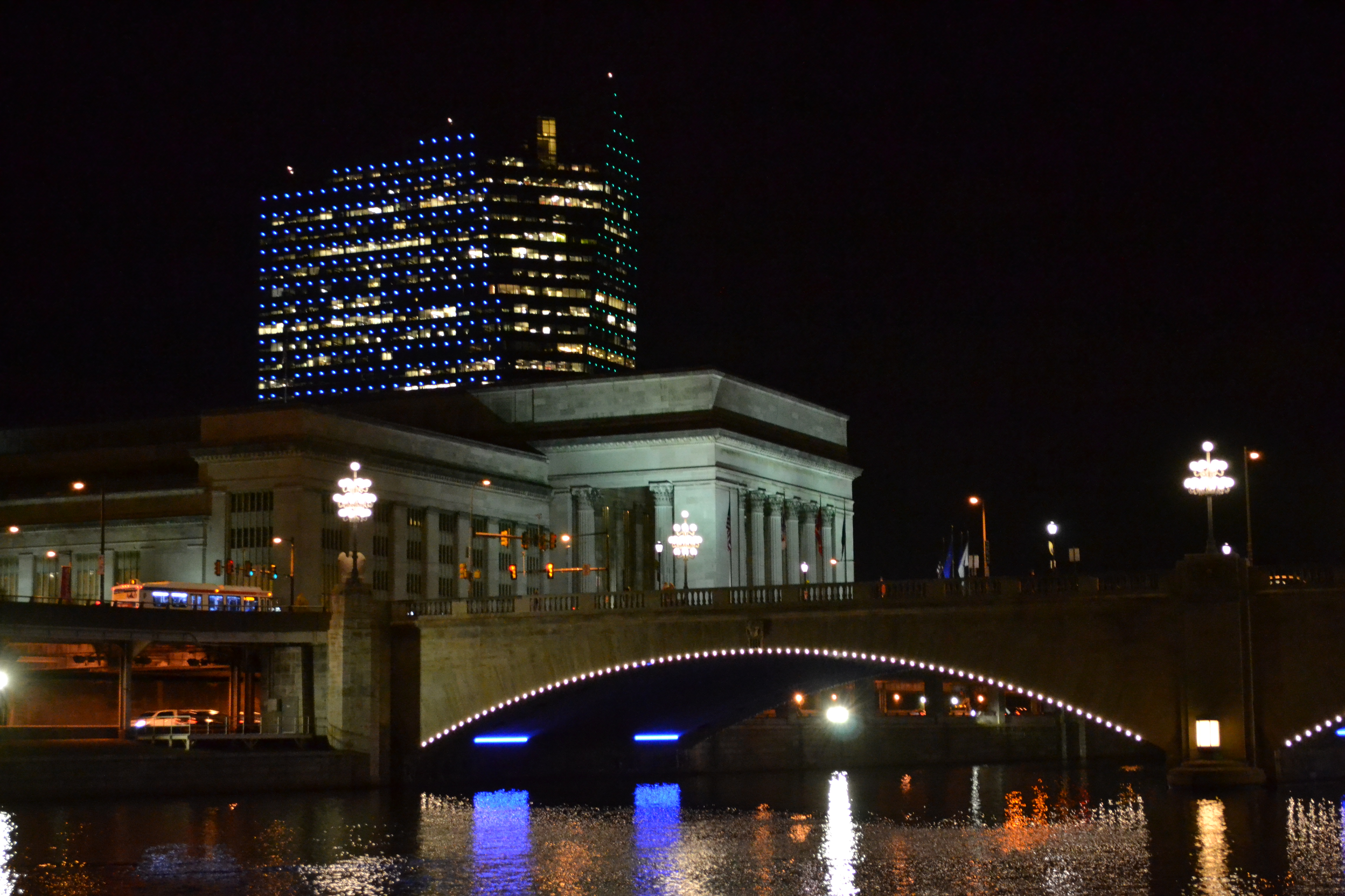 The new lights illuminate 30th Street Station from the river
