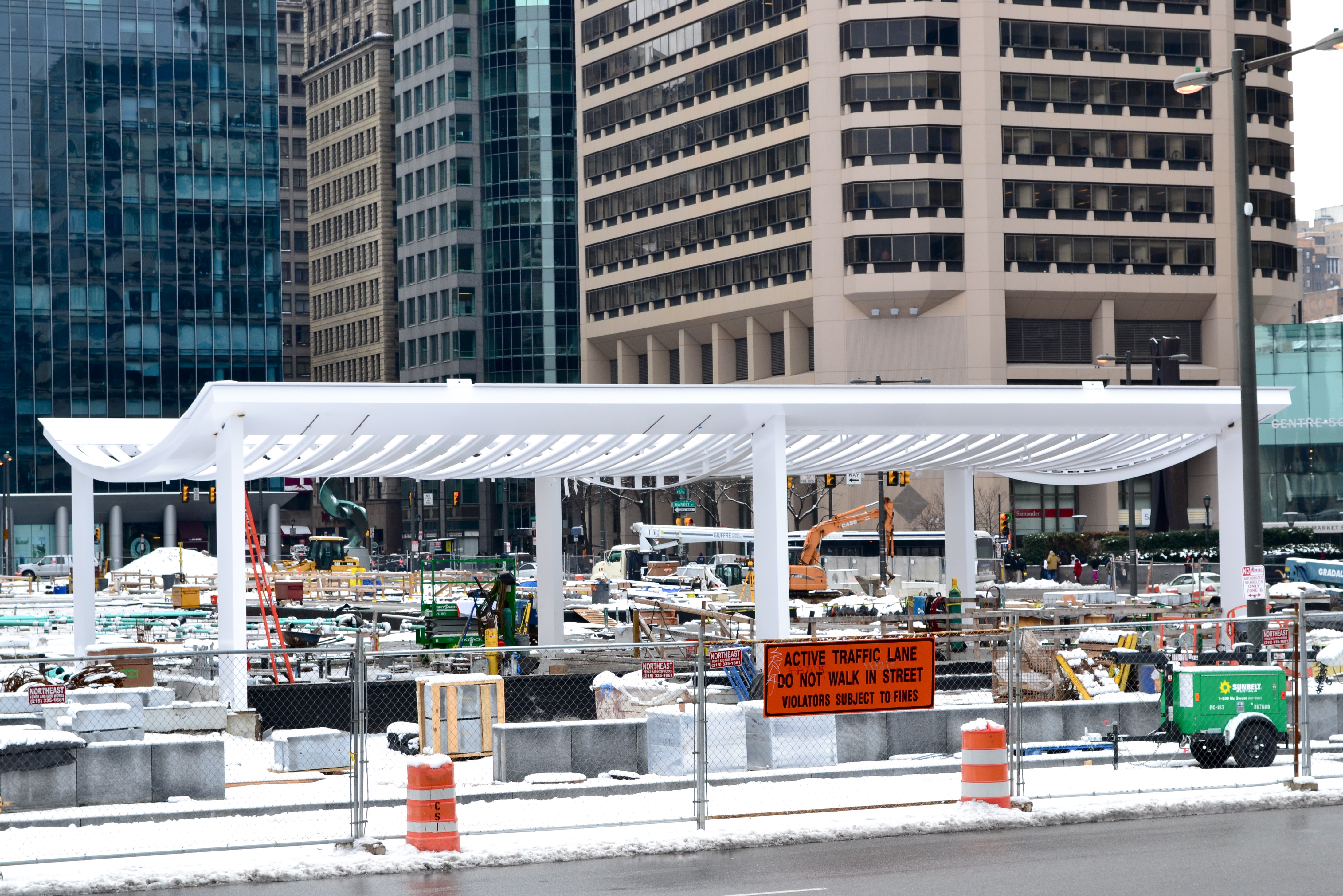 The structure at the north end of Dilworth Plaza is now in place
