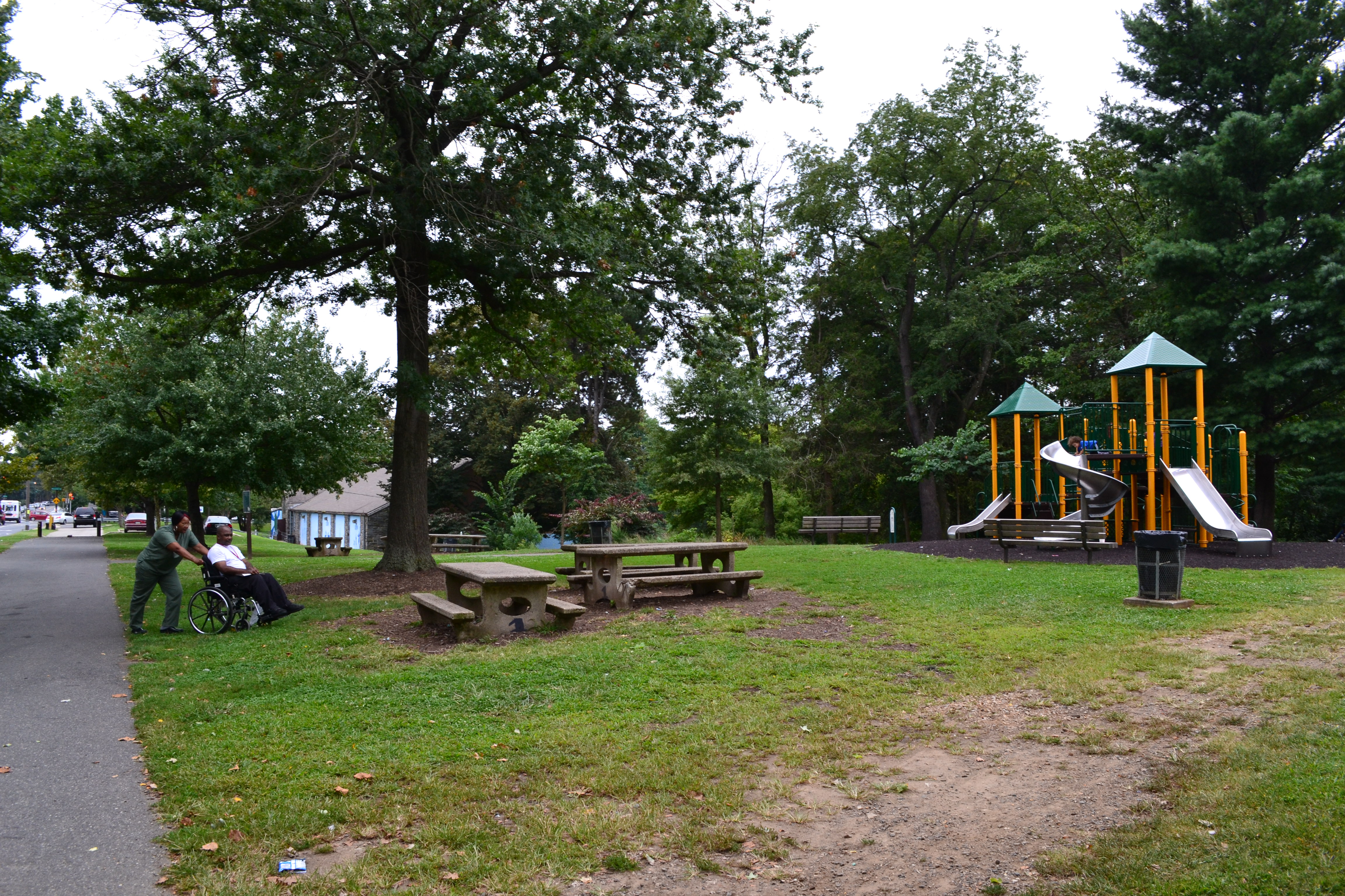 The trail passes multiple playgrounds, tennis courts, the Cobbs Creek Community Environmental Center and more