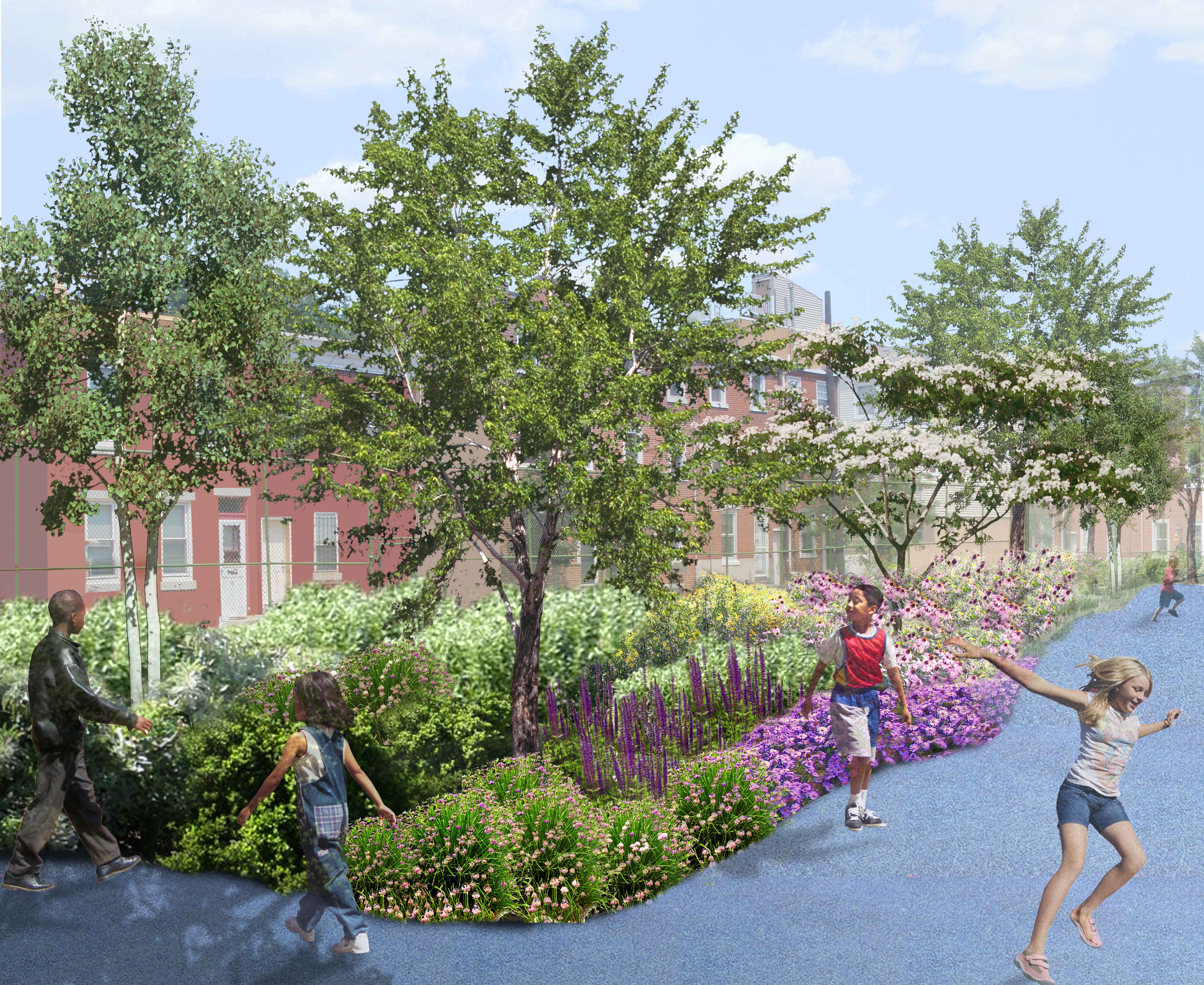 Three schools will receive the full PWD green stormwater management makeover, Rendering by Rachel Ahern for the Philadelphia Water Department