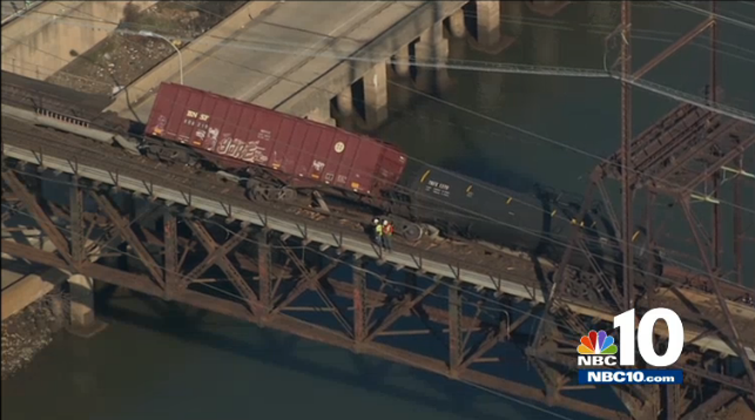 Two freight cars derailed over the Schuylkill River, January 20, 2014 | NBC10 