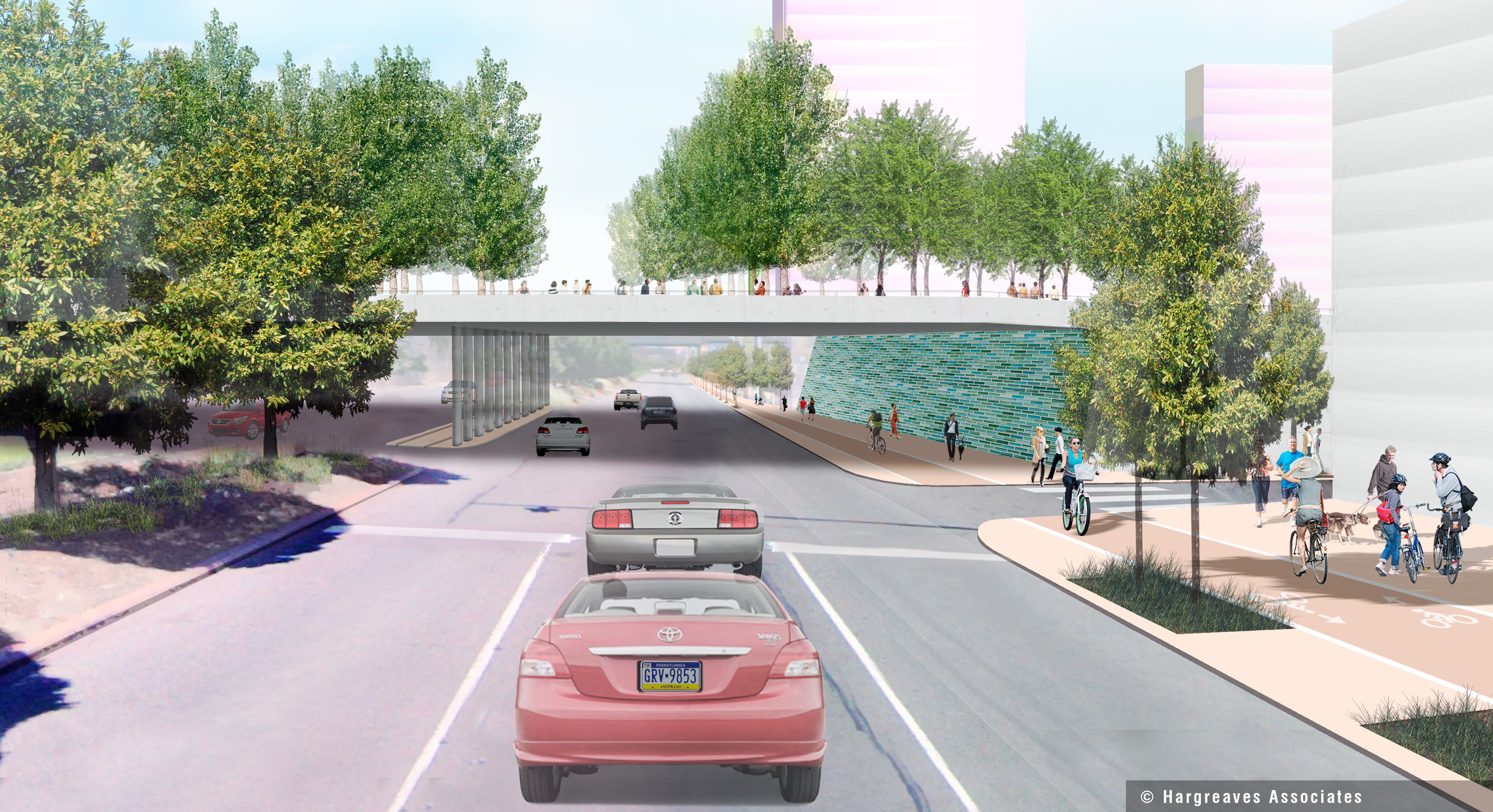 View of Columbus Boulevard beneath the proposed park, © Hargreaves Associates