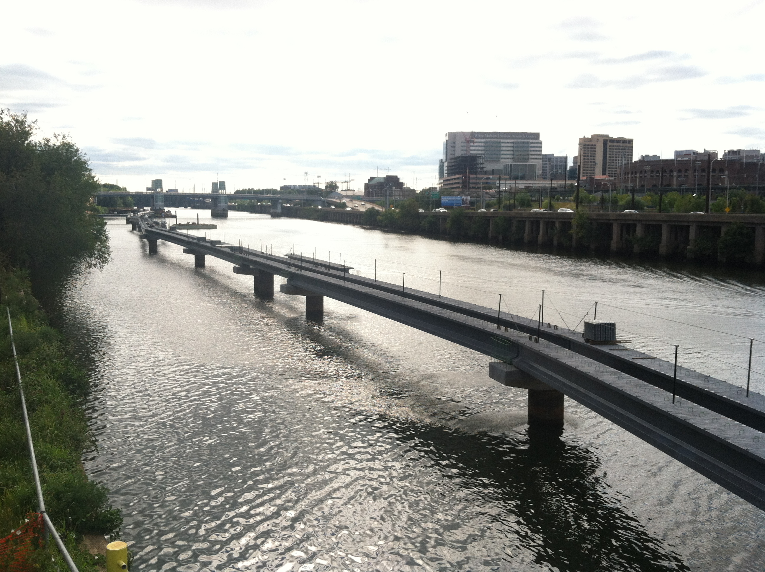 Visible progress on the Schuylkill River Boardwalk, looking south from the CSX Bridge