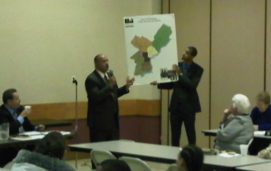 Democratic district attorney candidate Seth Williams discusses the city's geographic assignments at the Lawncrest Civic Association meeting.