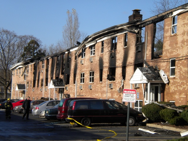 An early morning fire destroyed the Austin Manor apartments Sunday. Photo courtesy of a NEast Philly reader.