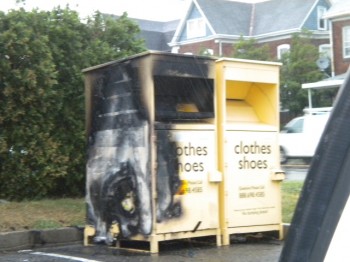 The Planet Aid donation box at Bleigh and Oxford avenues was set on fire over the weekend. Photo courtesy of Fox Chase Town Watch.