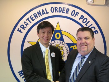 City Council-at-large candidate Andy Toy (L) is endorsed by the Fraternal Order of Police and President John McNesby (R). Photo courtesy of Elect Andy Toy.