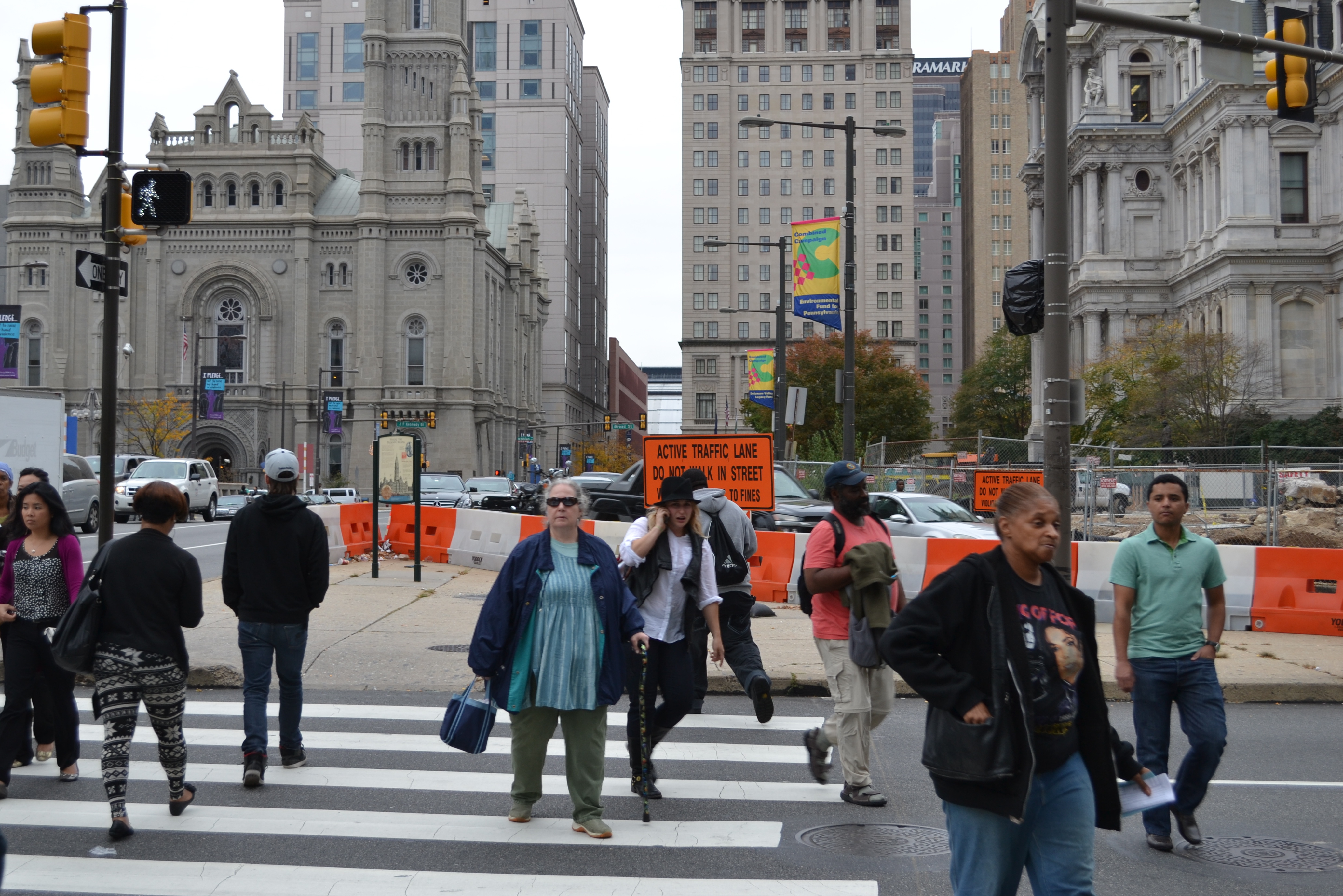 Part of the pedestrian triangle between JFK Boulevard, 15th Street and Dilworth Plaza has been barricaded